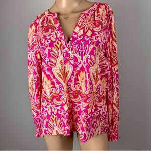 LOFT Women’s Paisley Leaf‎ Pattern Multicolor Split Neck Long Sleeve Blouse Sz S